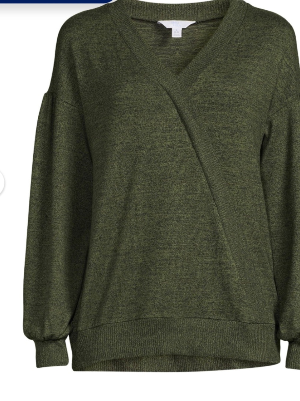Green chili Hacci wrap top with a V-neckline and long sleeves